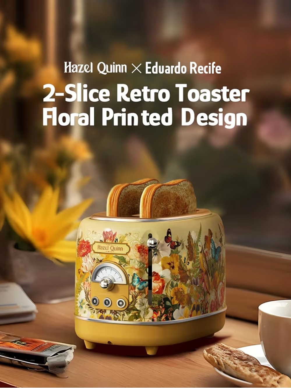 Hazel Quinn X Eduardo Recife 2-Slice Retro Toaster 6 Browning Levels Floral - Picture 3 of 16